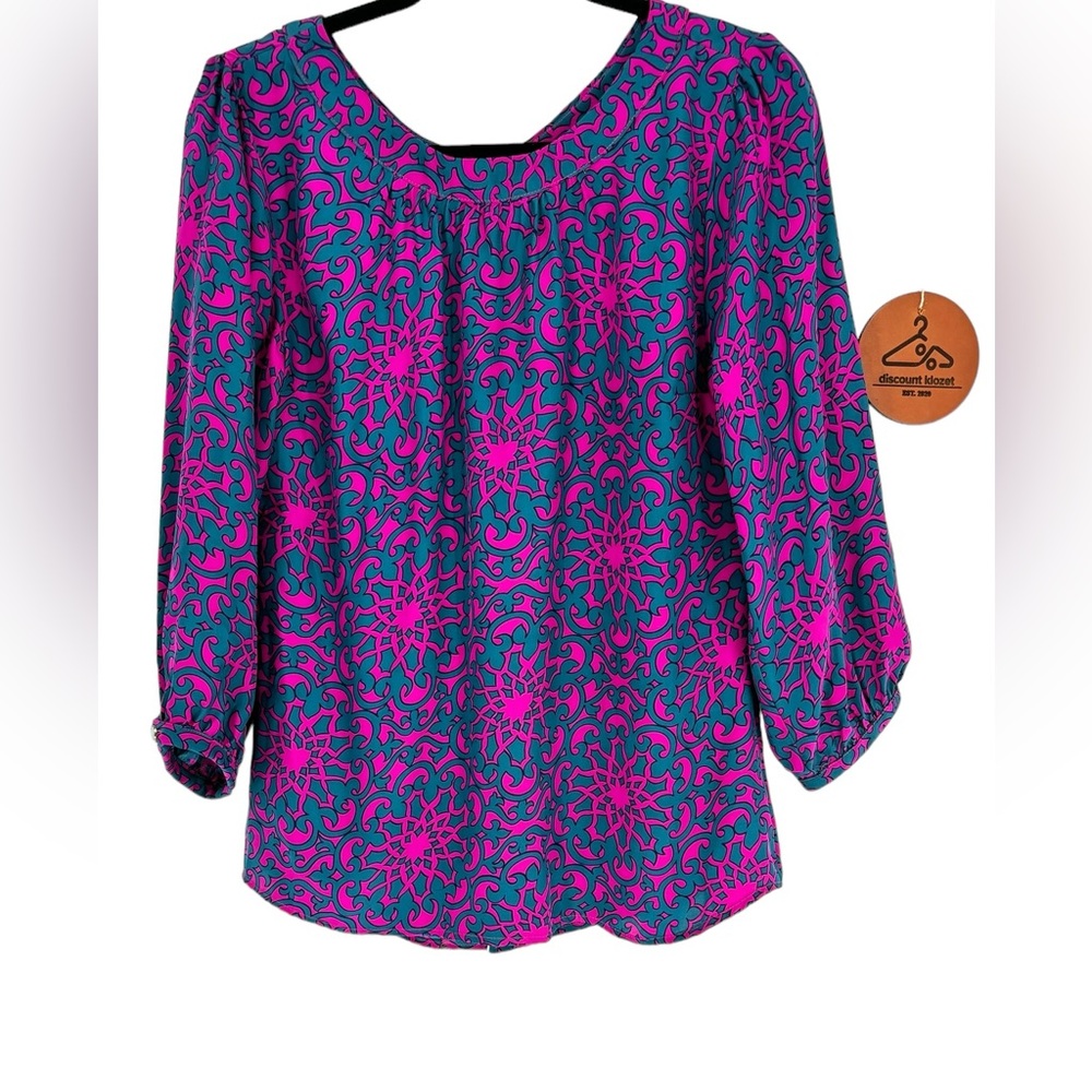 Britt &‎ Ryan Silk Button Back 3/4 Sleeve Blouse Top Small Pink Teal Print USA